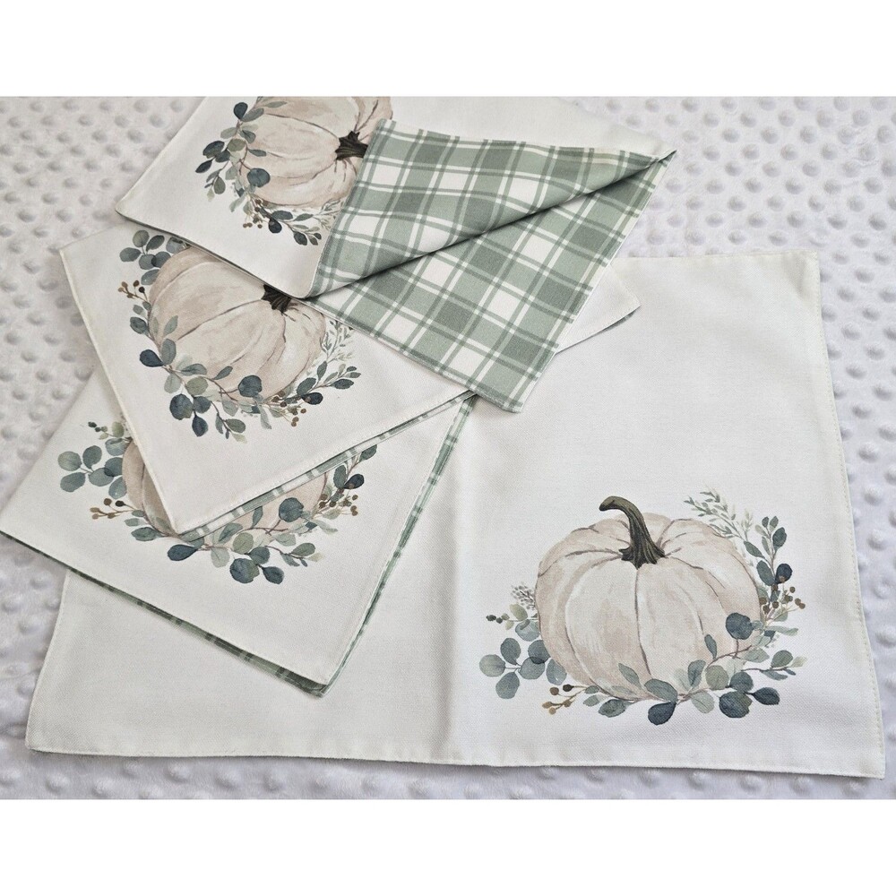 Reversible Fall Pumpkin Plaid Placemats Set Robert Stanley Eucalyptus Watercolor